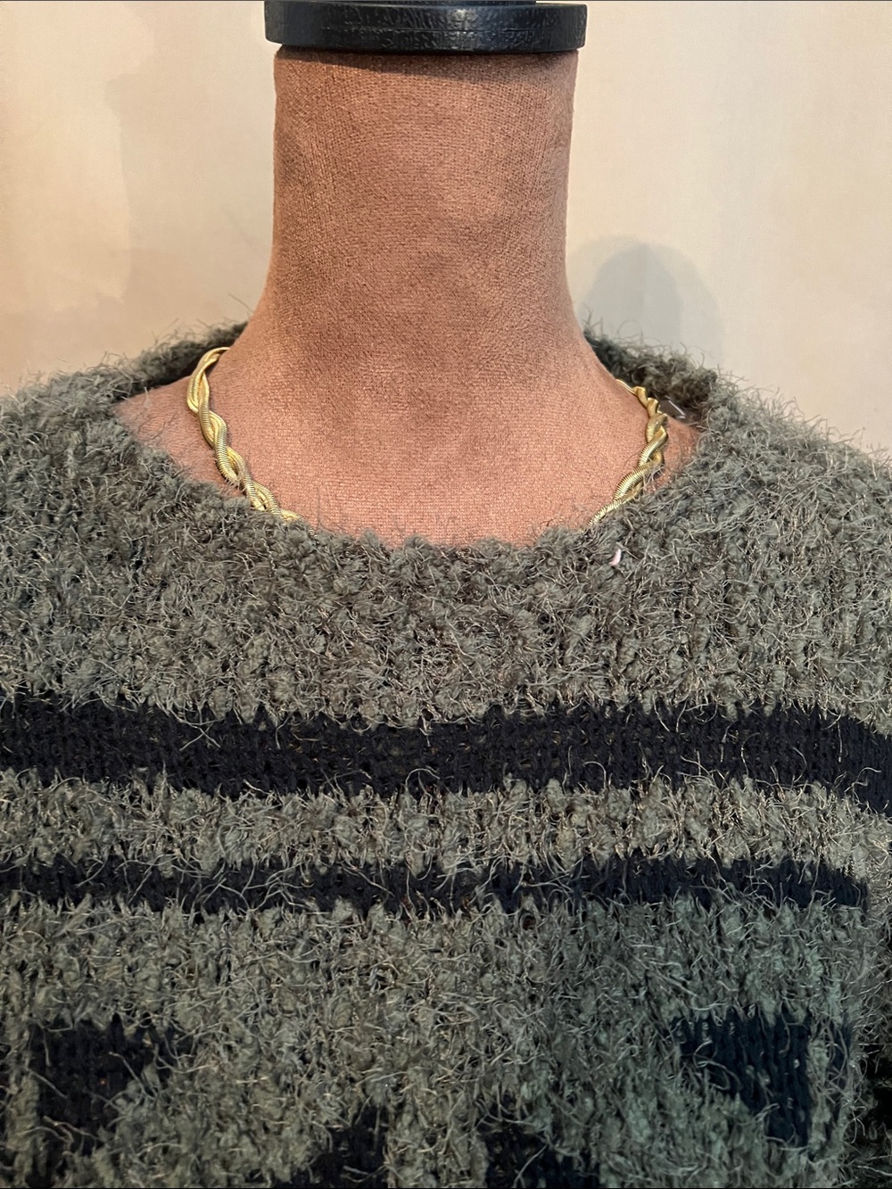 Moral Fiber Olive Gray Fuzzy Knit Crewneck Sweater with Black Pattern - Picture 7 of 9